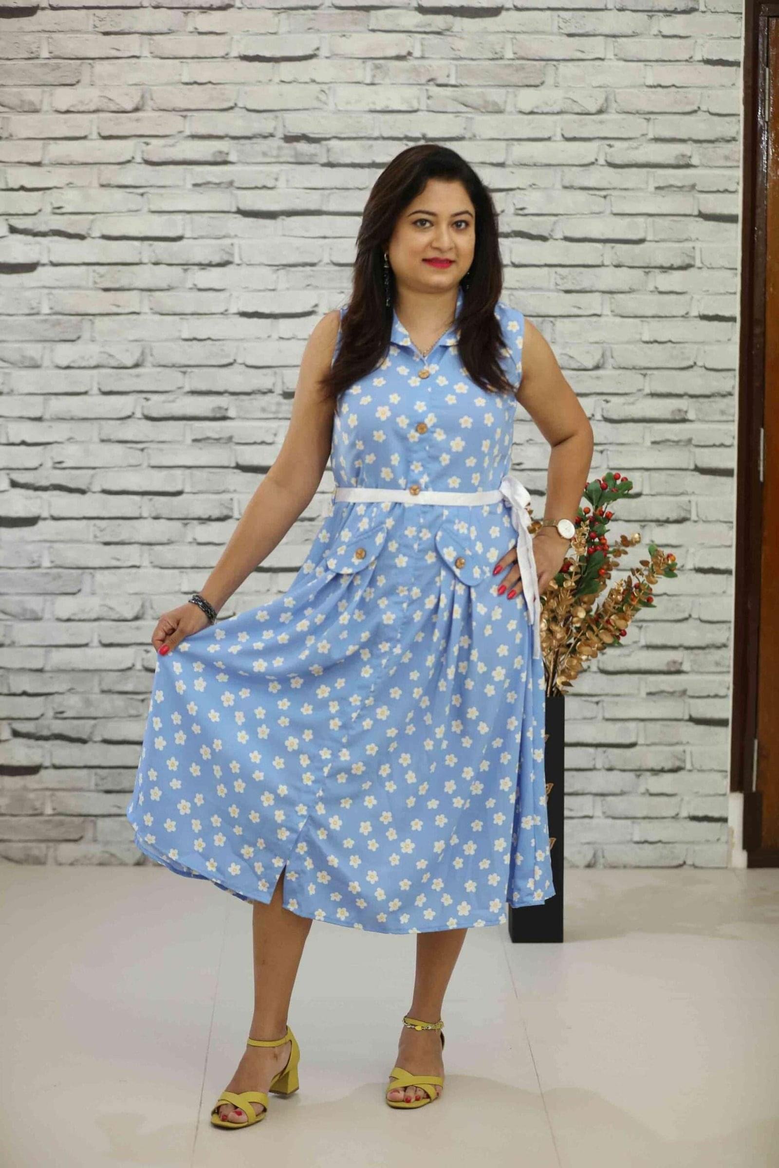 Sky Blue Stylish Poly Moss Midi Dress